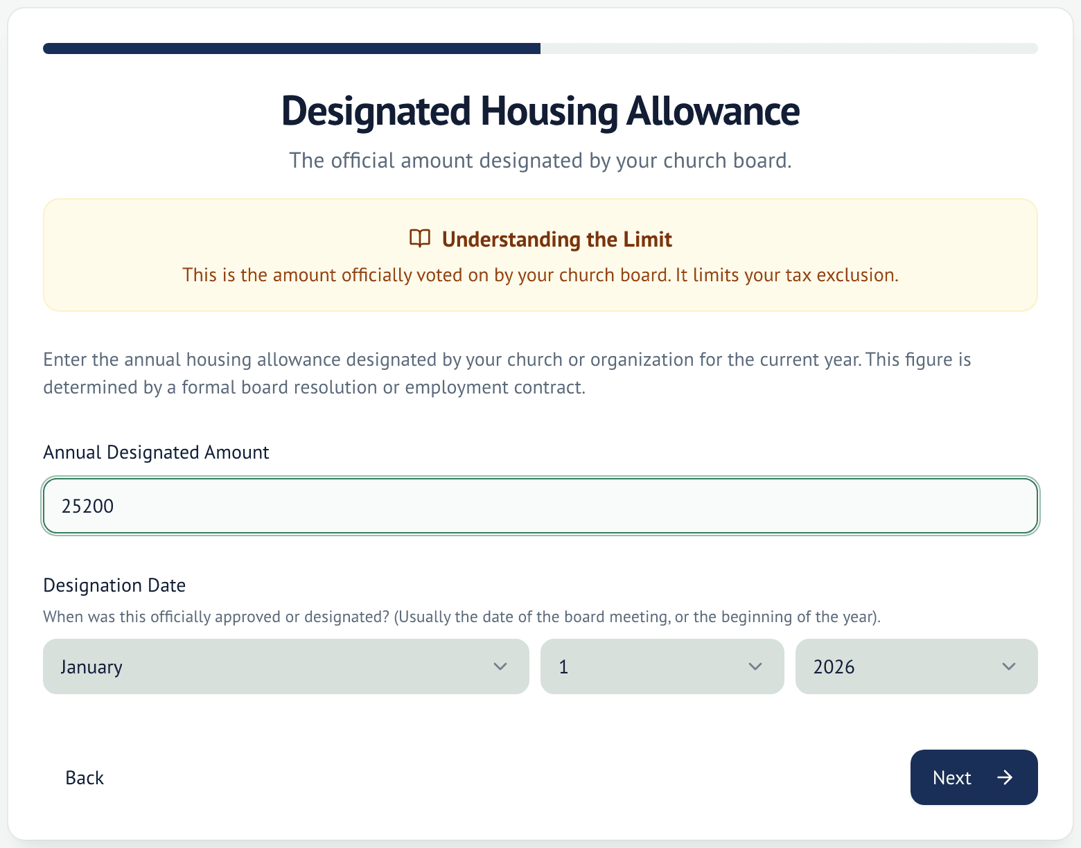 Setup step titled Designated Housing Allowance with an Annual Designated Amount of 25200 entered and a Designation Date of January 1, 2026
