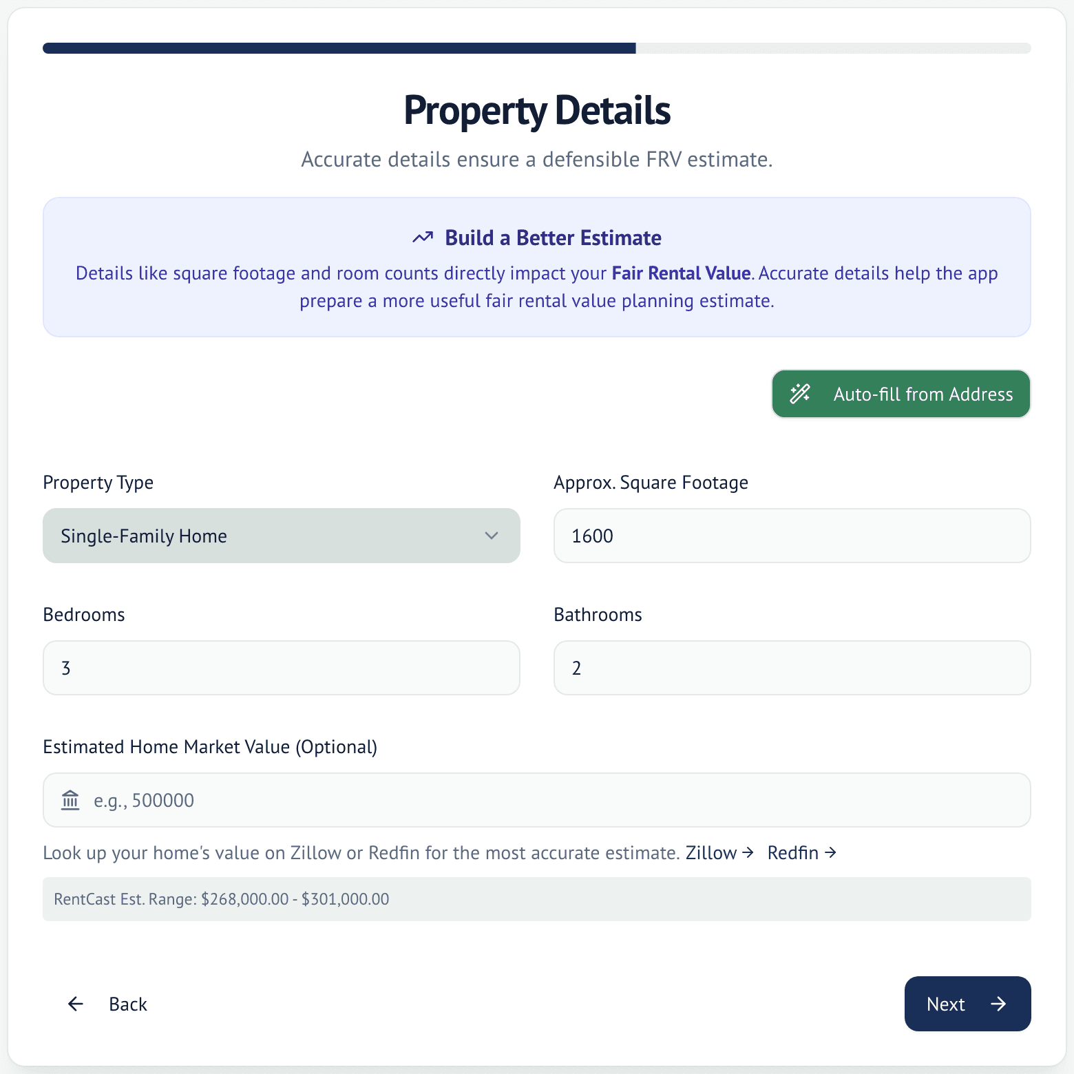 Property details step of setup: an Auto-fill from Address button, with property type single-family, 1,600 square feet, 3 bedrooms and 2 bathrooms filled in, an empty optional home market value field, and a reference value range