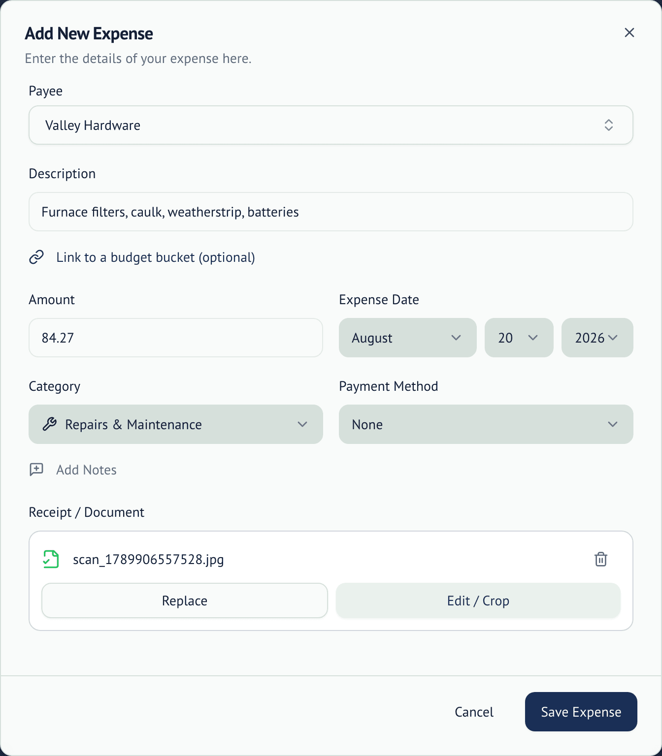 Add New Expense form filled in from the scan: payee Valley Hardware, amount 84.27, date August 20 2026, category Repairs and Maintenance, with the scanned receipt attached